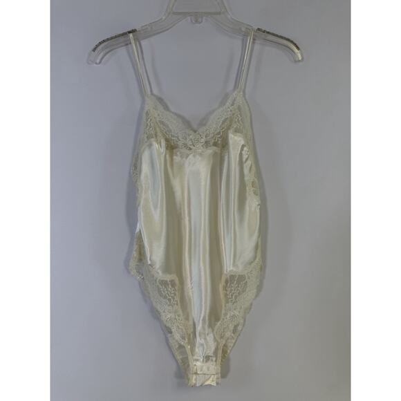 Victoria's Secret Other - Vtg Victorias Secret Satin Lace Bodysuit Sz Small Ivory Teddy Gold Label 90s